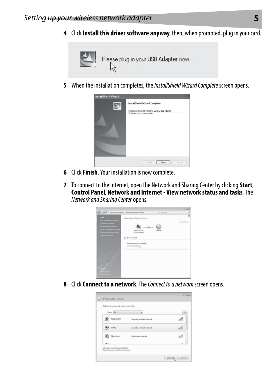 Setting up your wireless network adapter | Dynex DX-BUSB User Manual | Page 5 / 90