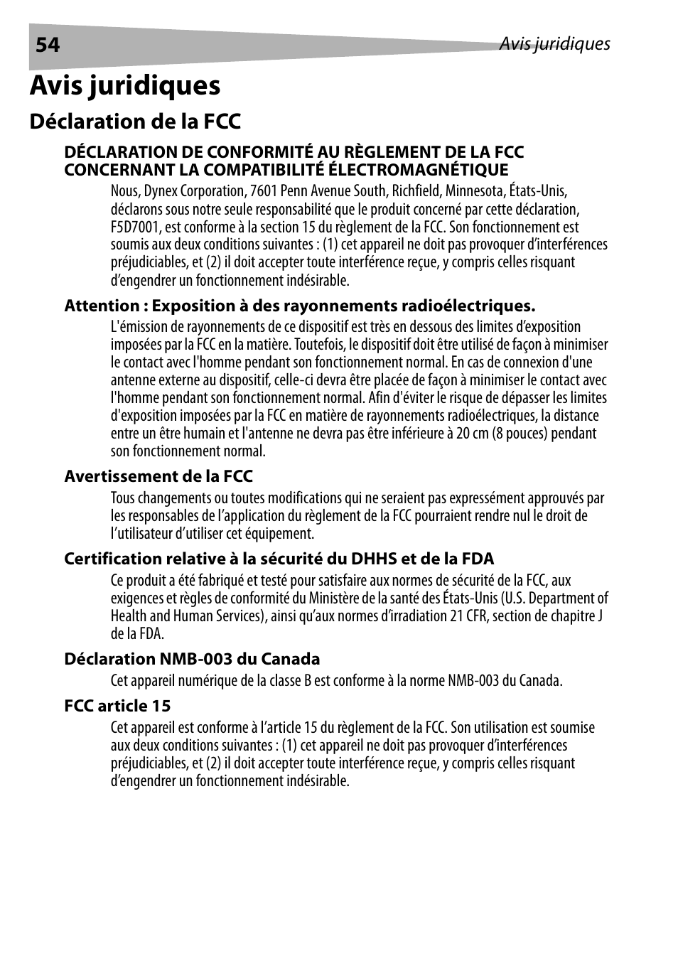 Avis juridiques, Déclaration de la fcc, Avertissement de la fcc | Déclaration nmb-003 du canada, Fcc article 15 | Dynex DX-BUSB User Manual | Page 54 / 90