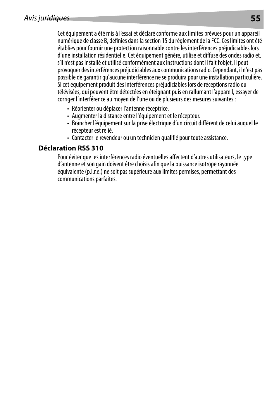 Déclaration rss 310 | Dynex DX-BUSB User Manual | Page 55 / 90