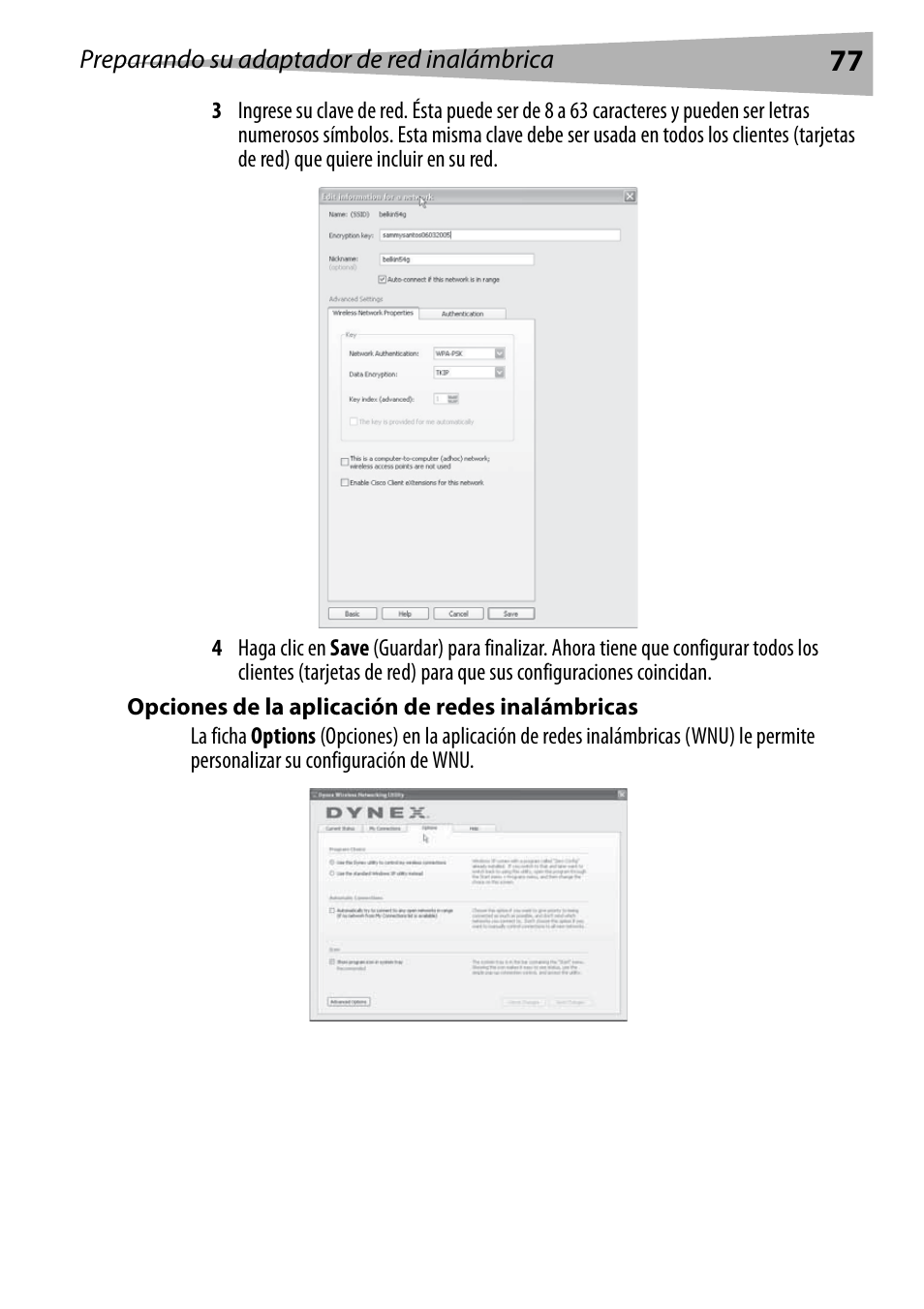 Opciones de la aplicación de redes inalámbricas | Dynex DX-BUSB User Manual | Page 77 / 90