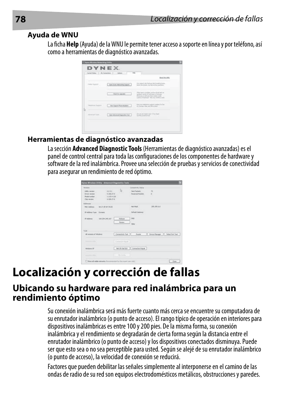 Ayuda de wnu, Herramientas de diagnóstico avanzadas, Localización y corrección de fallas | Dynex DX-BUSB User Manual | Page 78 / 90