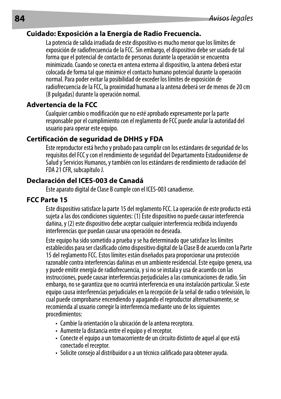 Advertencia de la fcc, Certificación de seguridad de dhhs y fda, Declaración del ices-003 de canadá | Fcc parte 15 | Dynex DX-BUSB User Manual | Page 84 / 90