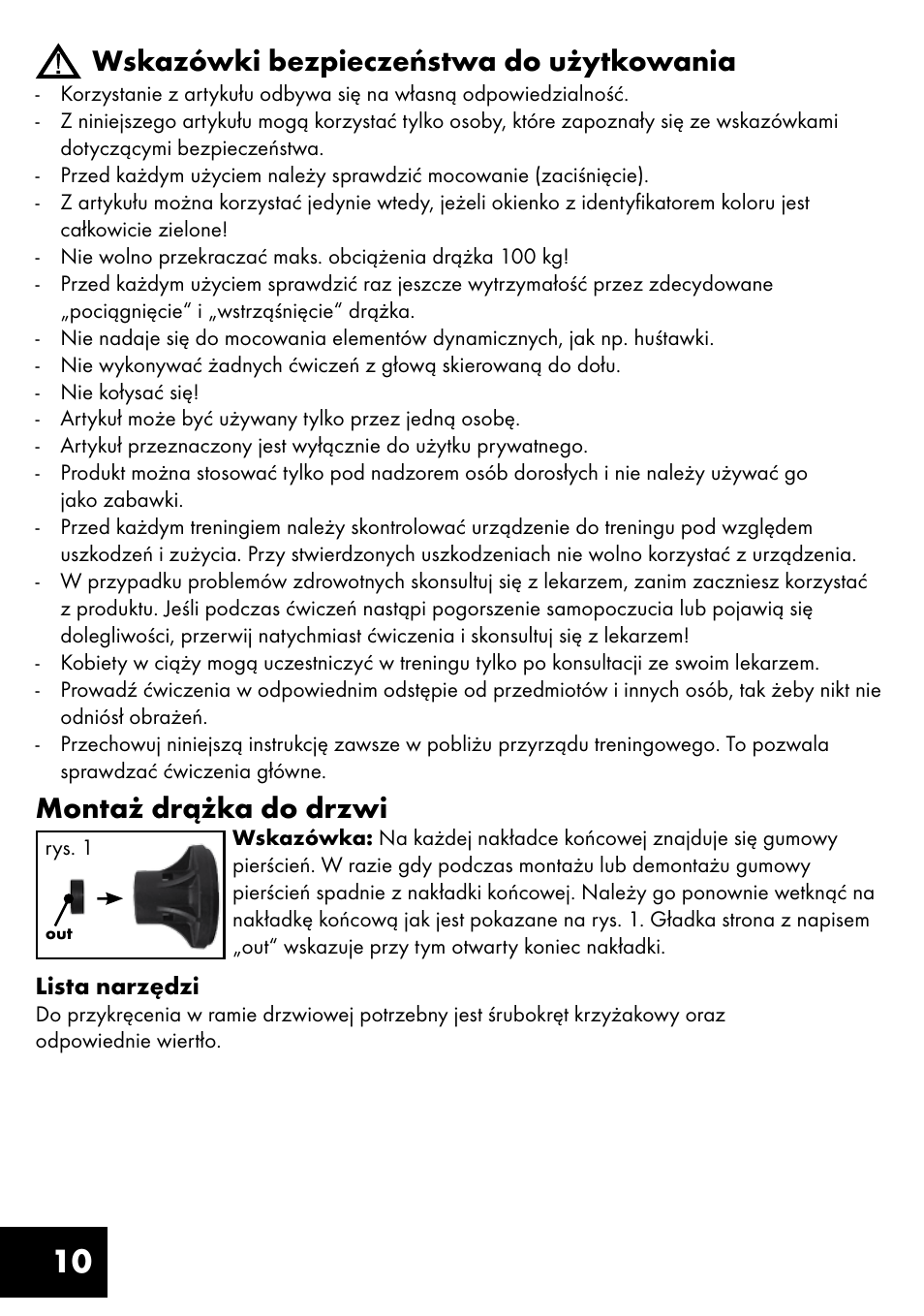 10 wskazówki bezpieczeństwa do użytkowania, Montaż drążka do drzwi | Crivit TR-1433 User Manual | Page 10 / 40