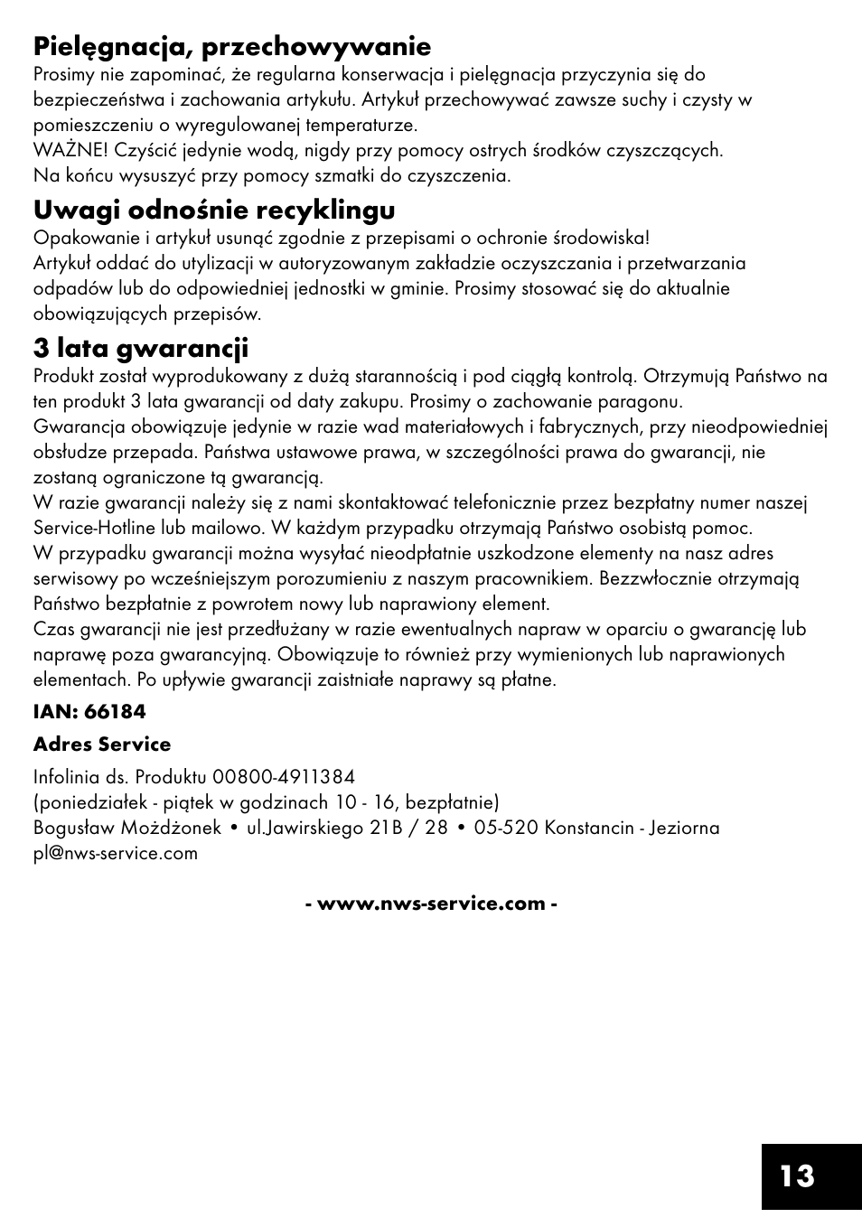 13 pielęgnacja, przechowywanie, Uwagi odnośnie recyklingu, 3 lata gwarancji | Crivit TR-1433 User Manual | Page 13 / 40