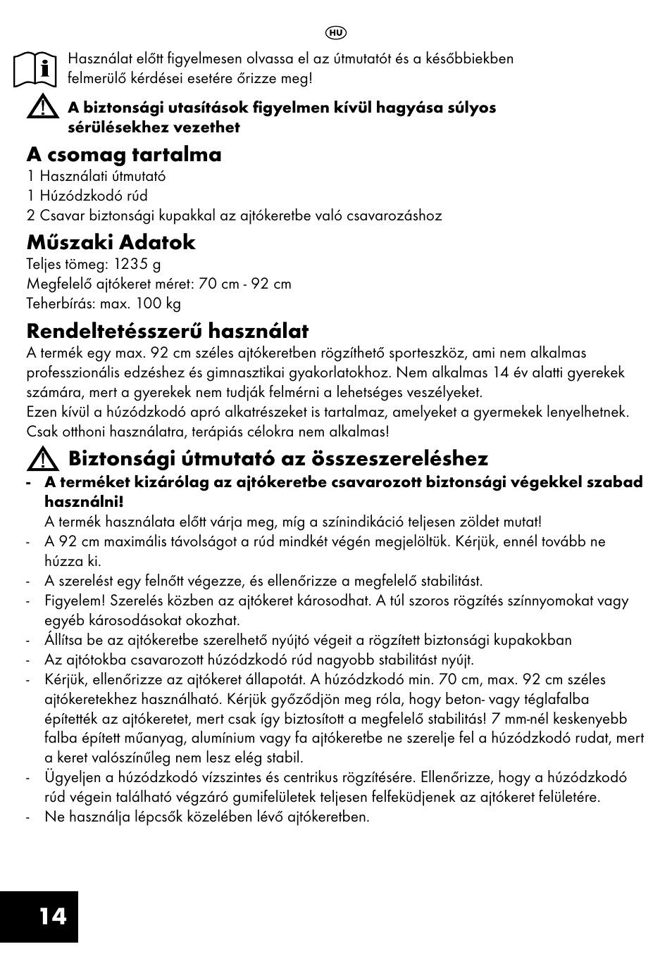 A csomag tartalma, Műszaki adatok, Rendeltetésszerű használat | Biztonsági útmutató az összeszereléshez | Crivit TR-1433 User Manual | Page 14 / 40