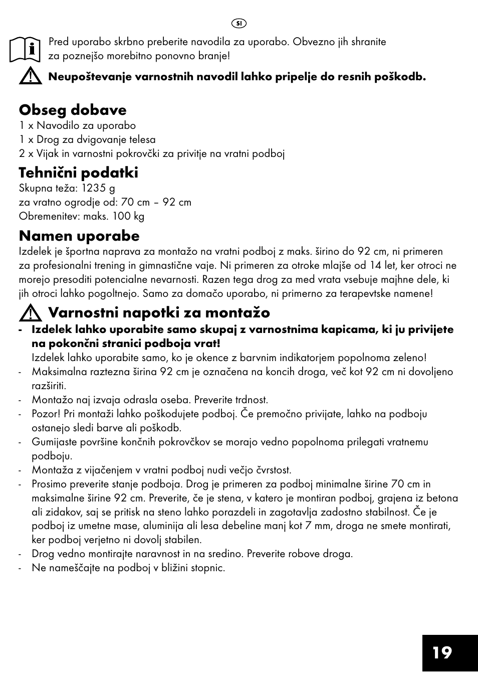 Obseg dobave, Tehnični podatki, Namen uporabe | Varnostni napotki za montažo | Crivit TR-1433 User Manual | Page 19 / 40