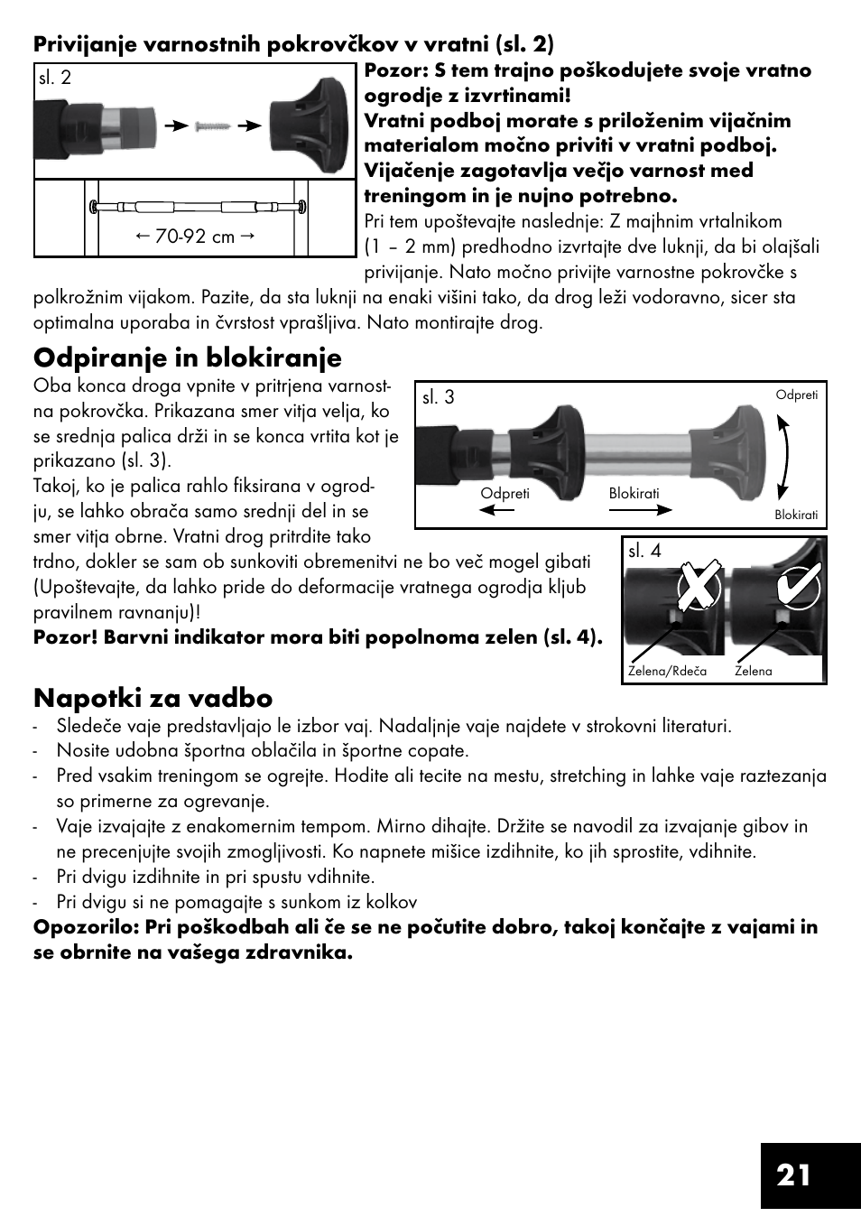 Odpiranje in blokiranje, Napotki za vadbo | Crivit TR-1433 User Manual | Page 21 / 40