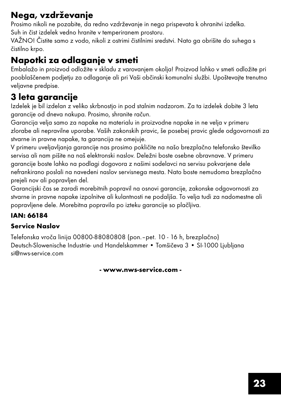 23 nega, vzdrževanje, Napotki za odlaganje v smeti, 3 leta garancije | Crivit TR-1433 User Manual | Page 23 / 40