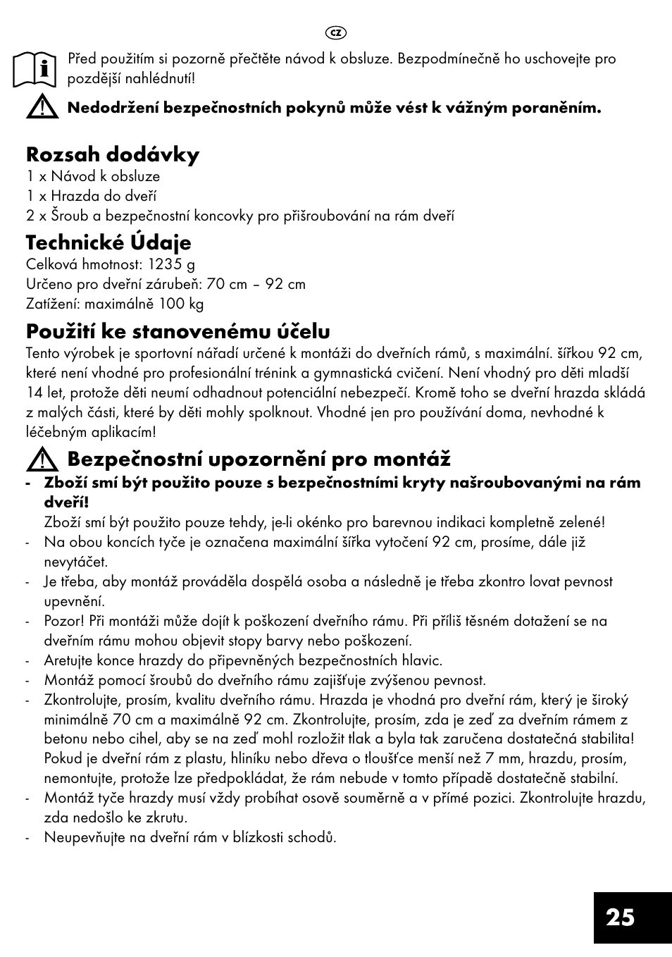 Rozsah dodávky, Technické údaje, Použití ke stanovenému účelu | Bezpečnostní upozornění pro montáž | Crivit TR-1433 User Manual | Page 25 / 40