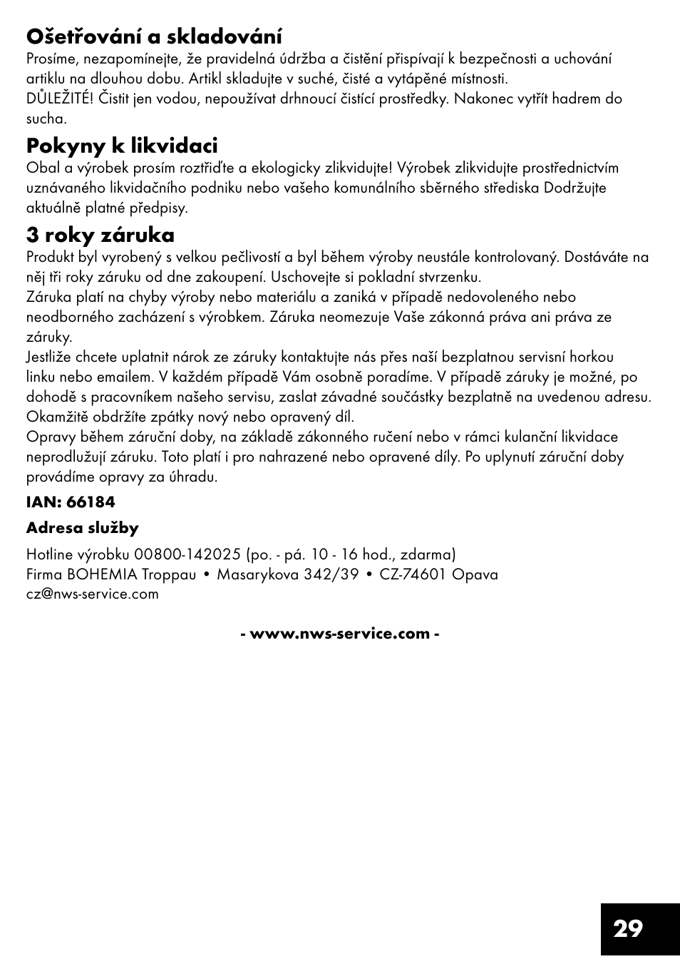 29 ošetřování a skladování, Pokyny k likvidaci, 3 roky záruka | Crivit TR-1433 User Manual | Page 29 / 40