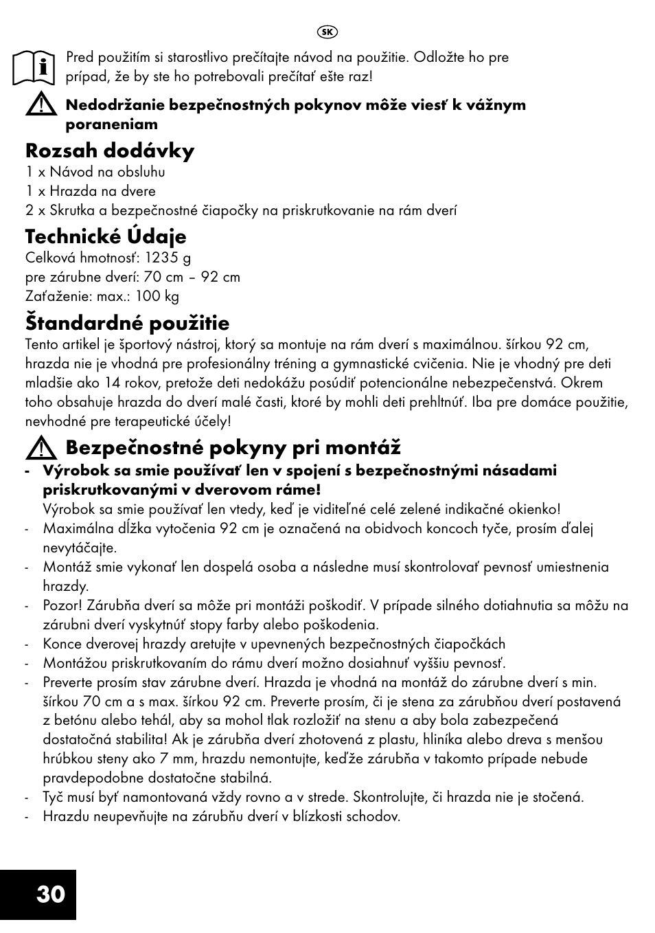 Rozsah dodávky, Technické údaje, Štandardné použitie | Bezpečnostné pokyny pri montáž | Crivit TR-1433 User Manual | Page 30 / 40