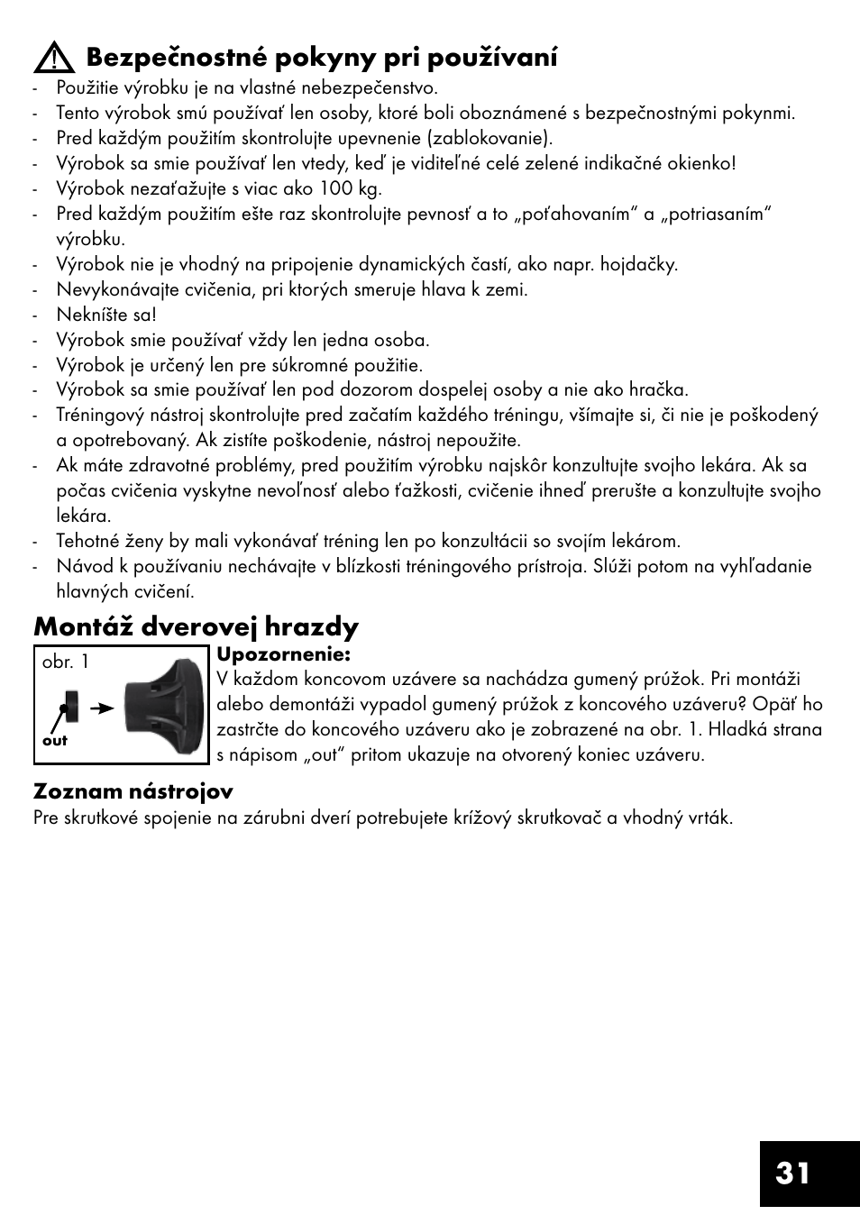 31 bezpečnostné pokyny pri používaní, Montáž dverovej hrazdy | Crivit TR-1433 User Manual | Page 31 / 40