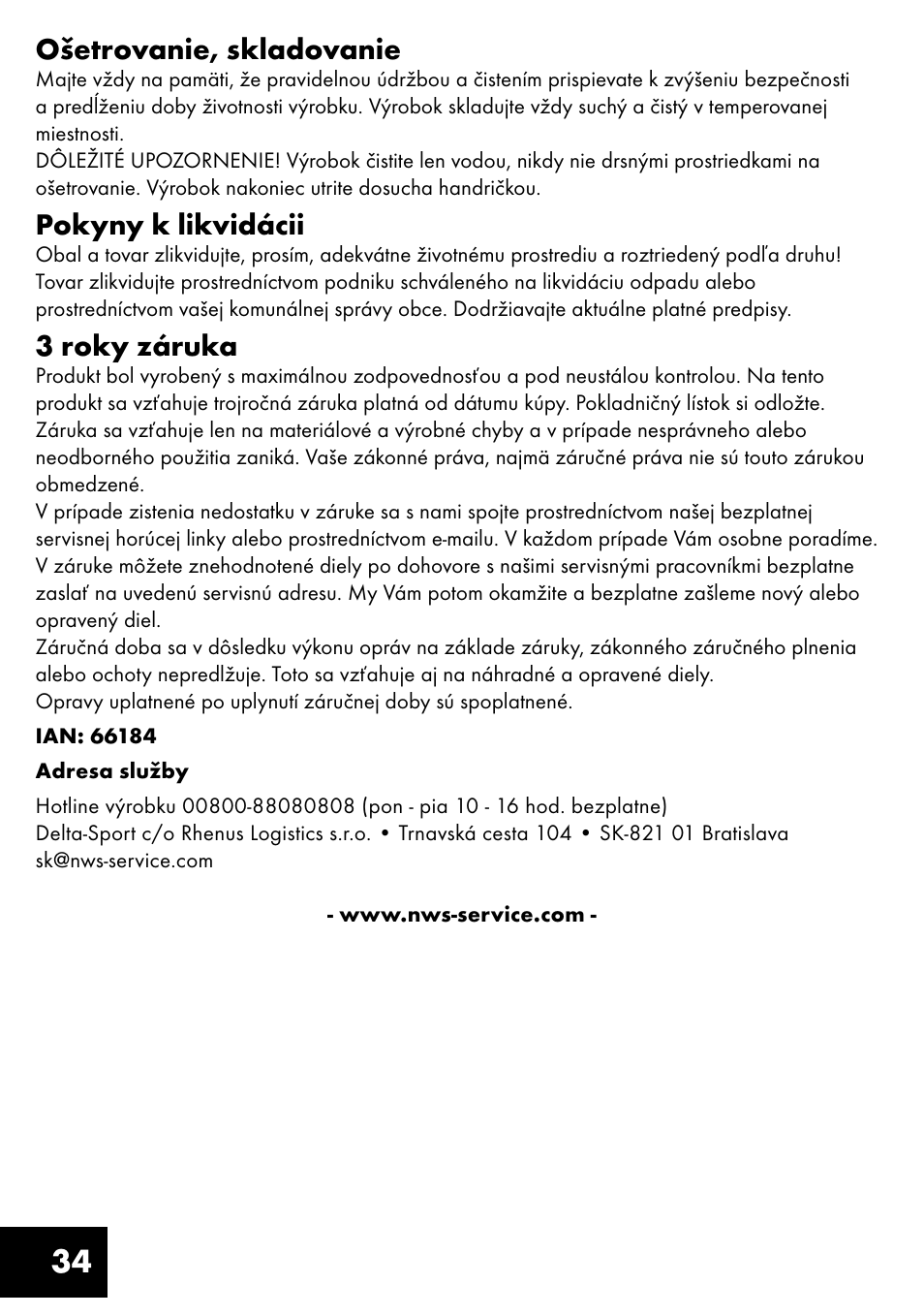34 ošetrovanie, skladovanie, Pokyny k likvidácii, 3 roky záruka | Crivit TR-1433 User Manual | Page 34 / 40