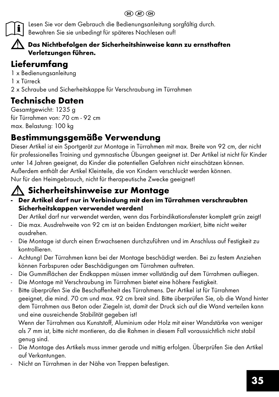 Lieferumfang, Technische daten, Bestimmungsgemäße verwendung | Sicherheitshinweise zur montage | Crivit TR-1433 User Manual | Page 35 / 40