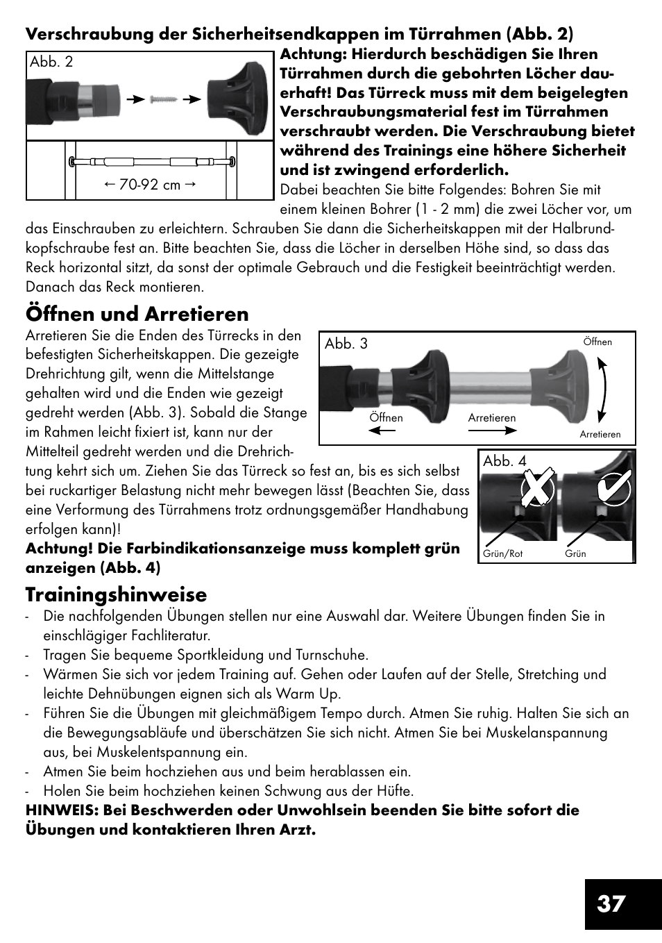 Öffnen und arretieren, Trainingshinweise | Crivit TR-1433 User Manual | Page 37 / 40
