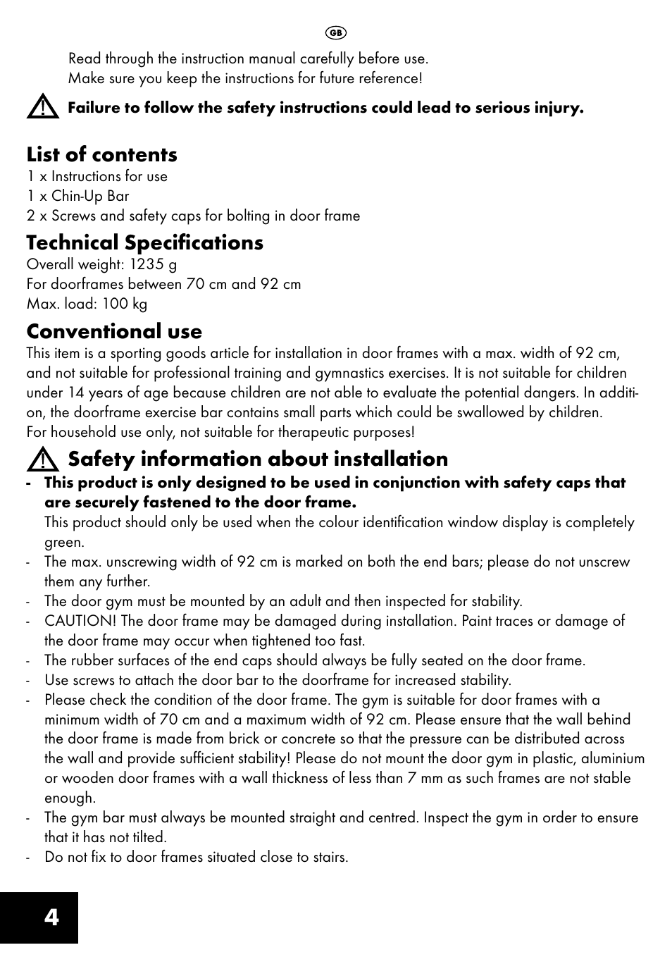 List of contents, Technical specifications, Conventional use | Safety information about installation | Crivit TR-1433 User Manual | Page 4 / 40