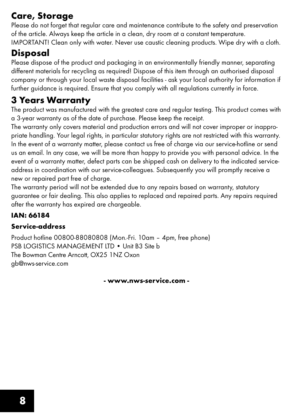 8care, storage, Disposal, 3 years warranty | Crivit TR-1433 User Manual | Page 8 / 40