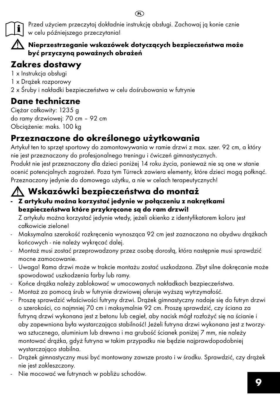 Zakres dostawy, Dane techniczne, Przeznaczone do określonego użytkowania | Wskazówki bezpieczeństwa do montaż | Crivit TR-1433 User Manual | Page 9 / 40
