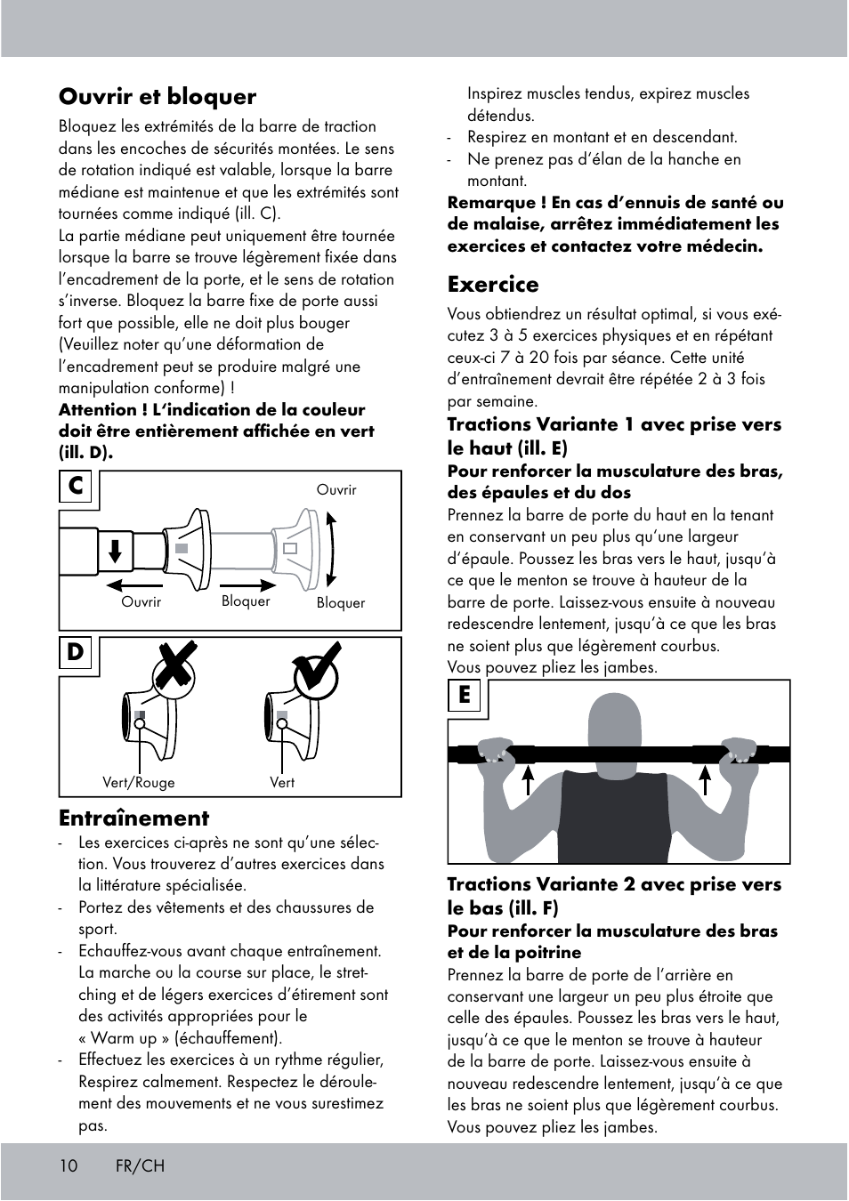 Exercice, Ouvrir et bloquer, Entraînement | Crivit Chin-Up Bar User Manual | Page 10 / 24