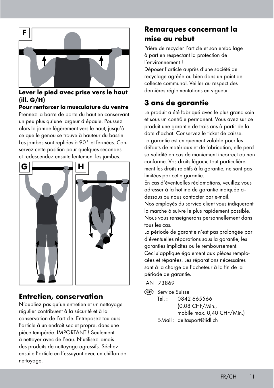 Gh f, Entretien, conservation, Remarques concernant la mise au rebut | 3 ans de garantie | Crivit Chin-Up Bar User Manual | Page 11 / 24