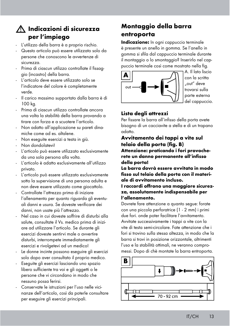 Indicazioni di sicurezza per l’impiego, Montaggio della barra entroporta | Crivit Chin-Up Bar User Manual | Page 13 / 24