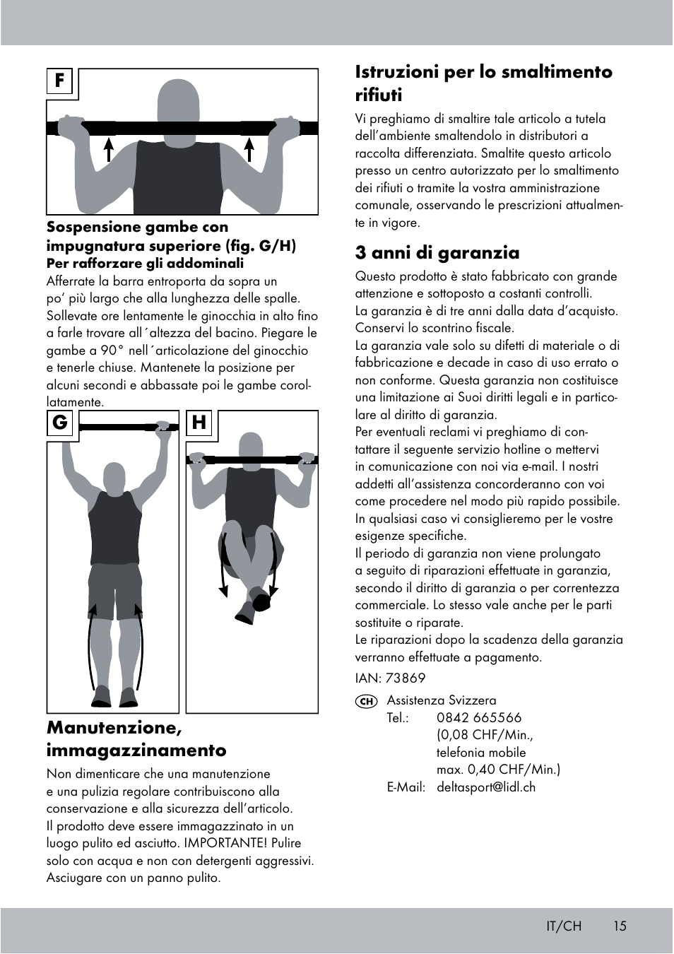 Gh f, Manutenzione, immagazzinamento, Istruzioni per lo smaltimento riﬁuti | 3 anni di garanzia | Crivit Chin-Up Bar User Manual | Page 15 / 24
