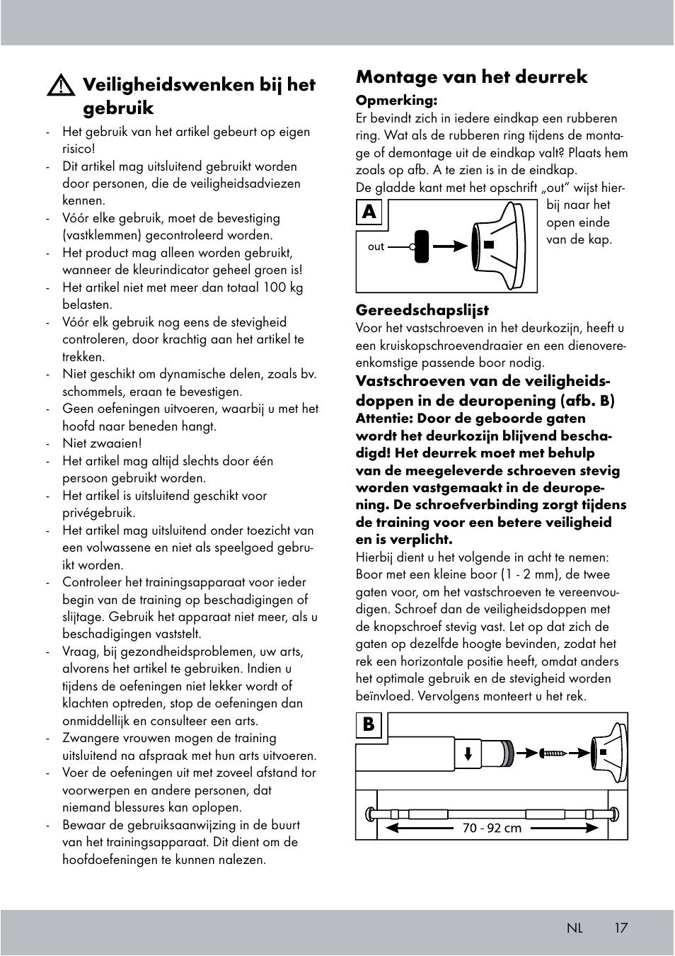 Veiligheidswenken bij het gebruik, Montage van het deurrek | Crivit Chin-Up Bar User Manual | Page 17 / 24