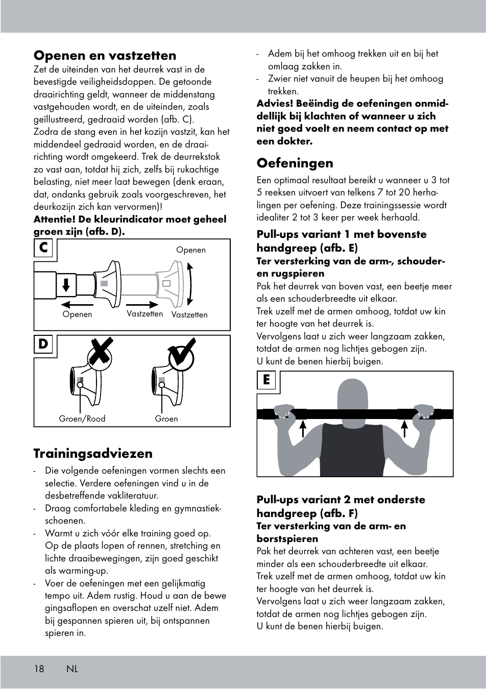 Oefeningen, Openen en vastzetten, Trainingsadviezen | Crivit Chin-Up Bar User Manual | Page 18 / 24
