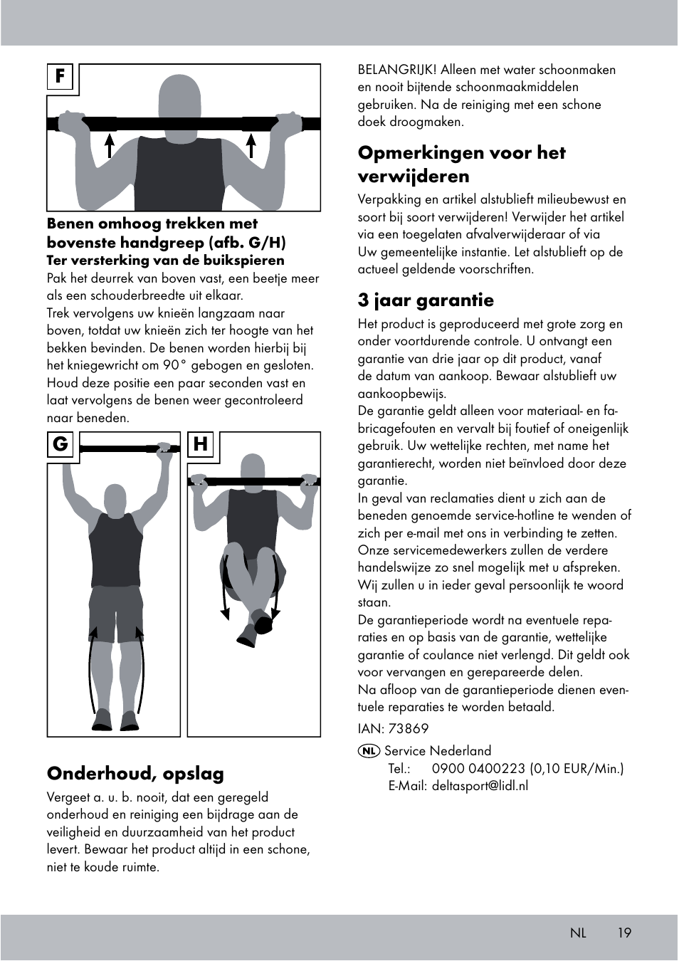 Gh f, Onderhoud, opslag, Opmerkingen voor het verwijderen | 3 jaar garantie | Crivit Chin-Up Bar User Manual | Page 19 / 24