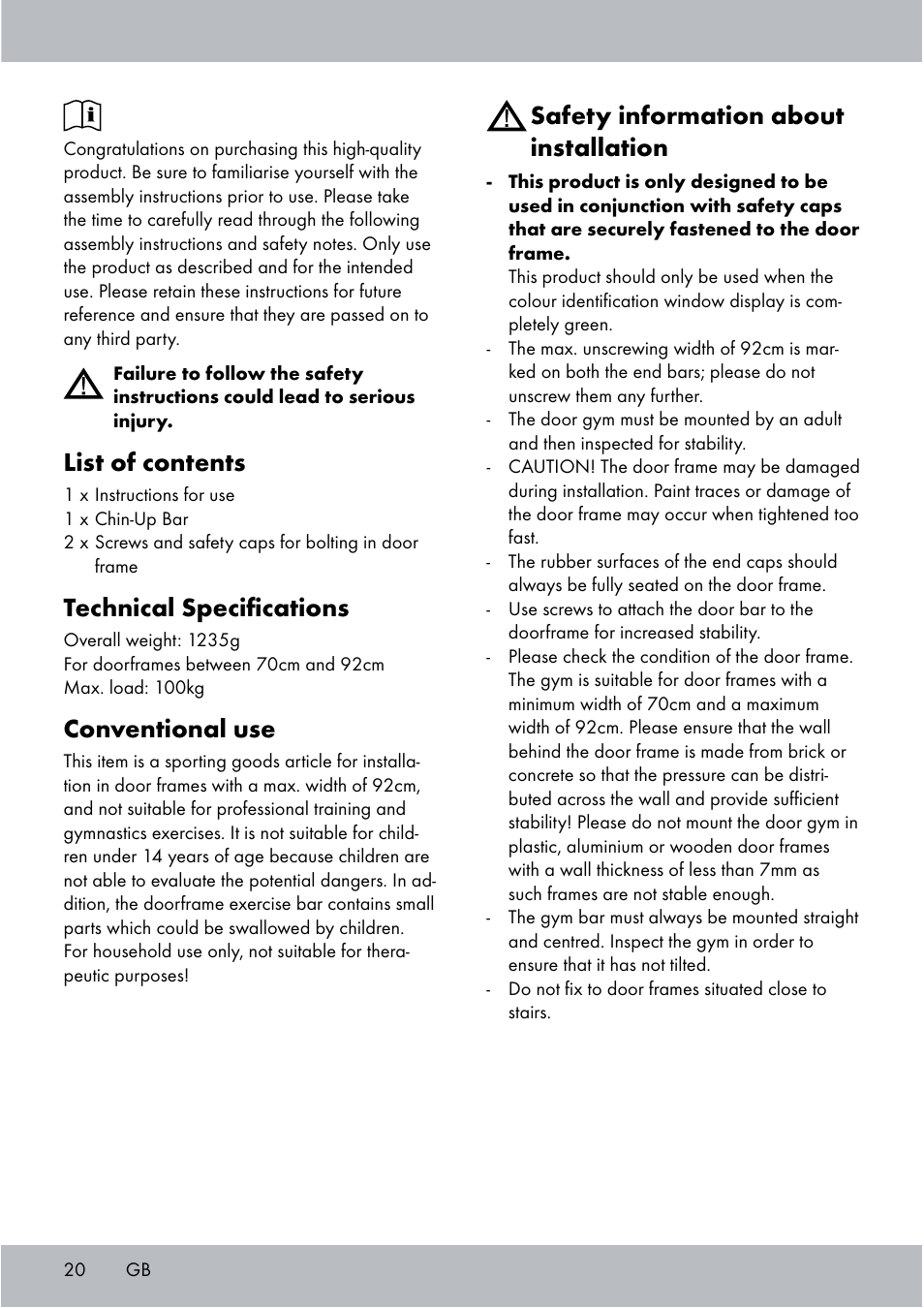 List of contents, Technical speciﬁcations, Conventional use | Safety information about installation | Crivit Chin-Up Bar User Manual | Page 20 / 24
