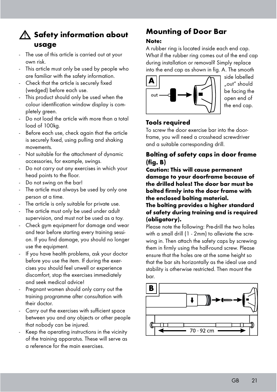 Mounting of door bar, Safety information about usage | Crivit Chin-Up Bar User Manual | Page 21 / 24