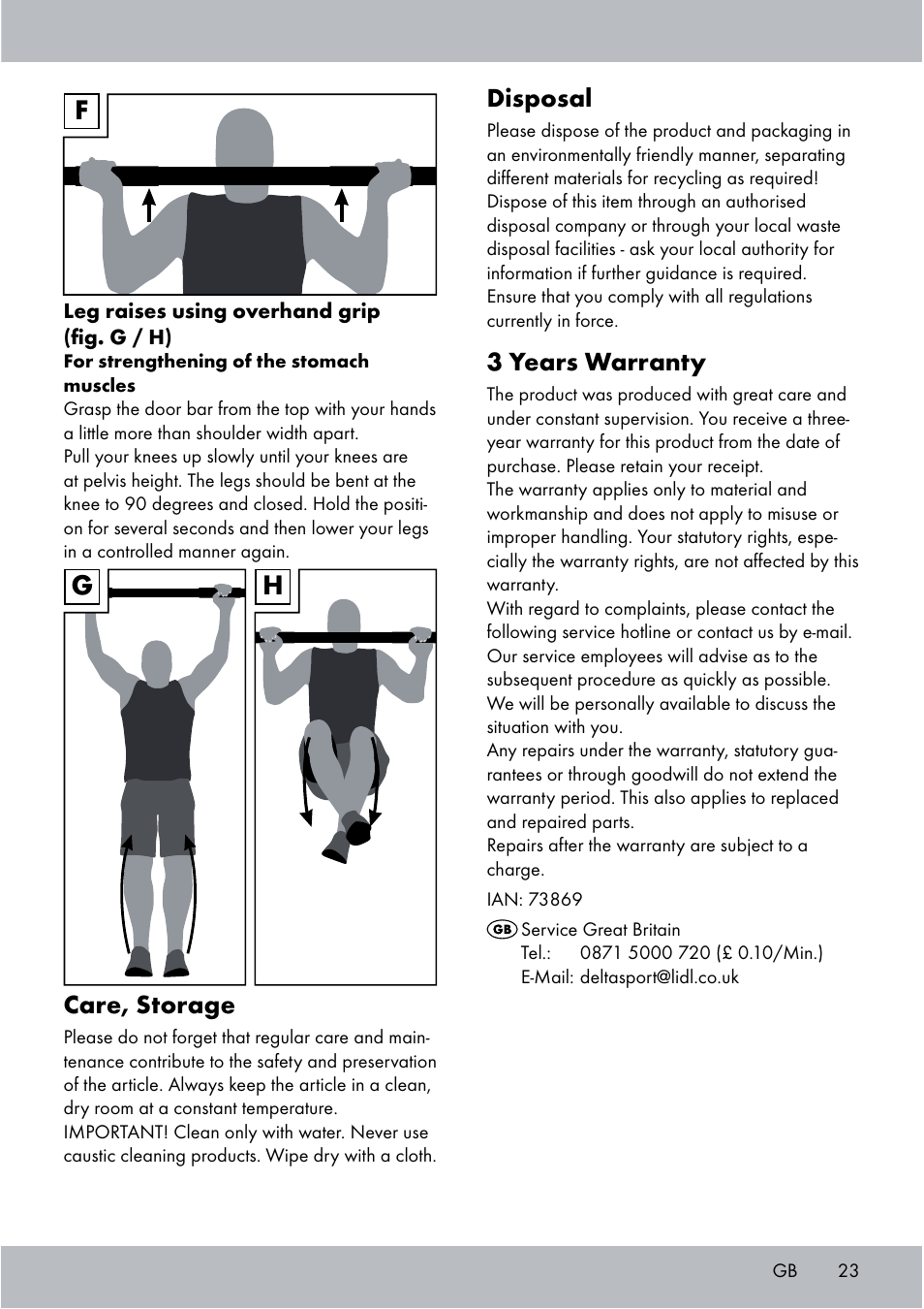 Gh f, Disposal, 3 years warranty | Care, storage | Crivit Chin-Up Bar User Manual | Page 23 / 24