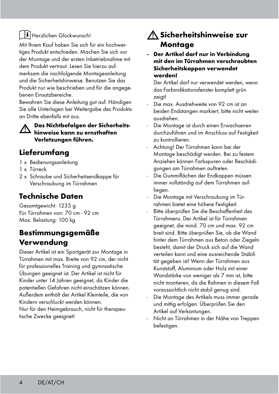 Lieferumfang, Technische daten, Bestimmungsgemäße verwendung | Sicherheitshinweise zur montage | Crivit Chin-Up Bar User Manual | Page 4 / 24