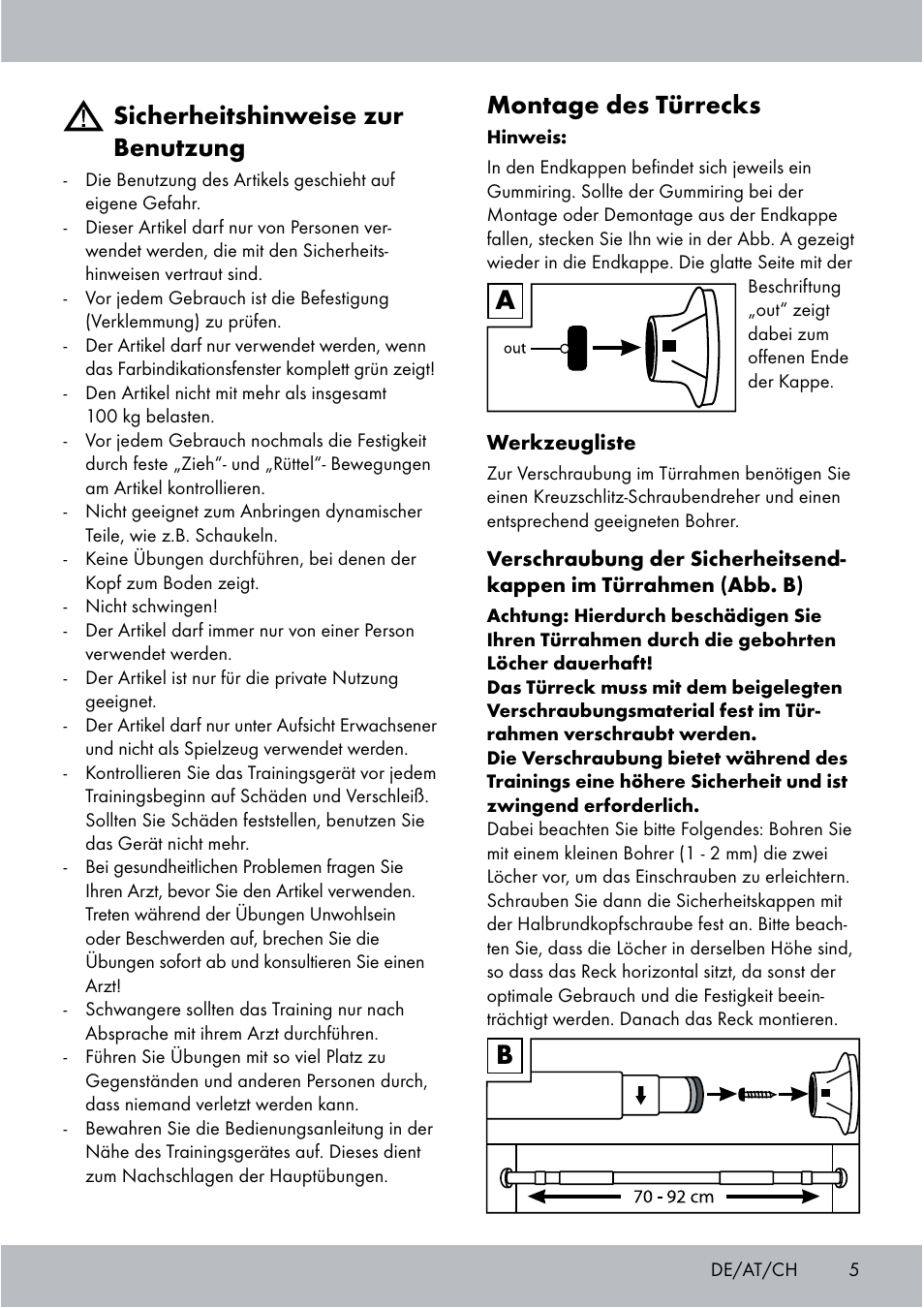 Sicherheitshinweise zur benutzung, Montage des türrecks | Crivit Chin-Up Bar User Manual | Page 5 / 24