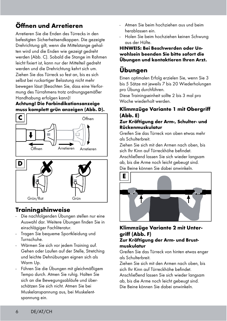 Übungen, Öﬀnen und arretieren, Trainingshinweise | Crivit Chin-Up Bar User Manual | Page 6 / 24