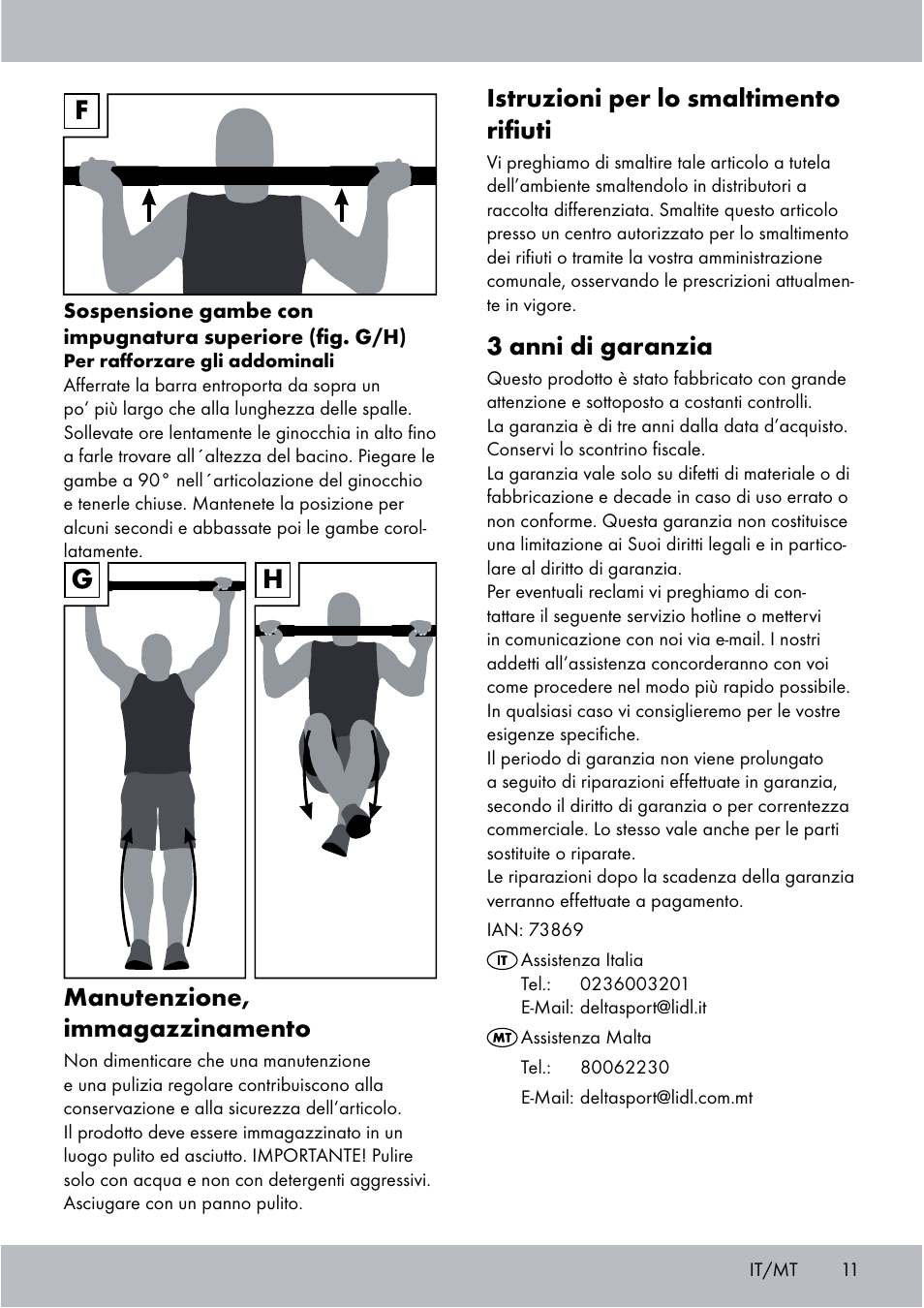 Gh f, Istruzioni per lo smaltimento riﬁuti, 3 anni di garanzia | Manutenzione, immagazzinamento | Crivit Chin-Up Bar User Manual | Page 11 / 24