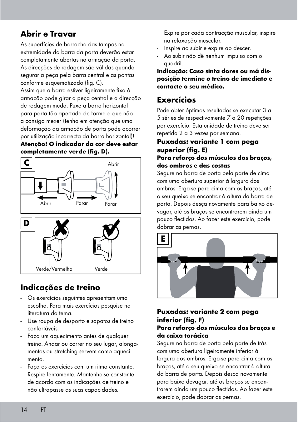 Exercícios, Abrir e travar, Indicações de treino | Crivit Chin-Up Bar User Manual | Page 14 / 24