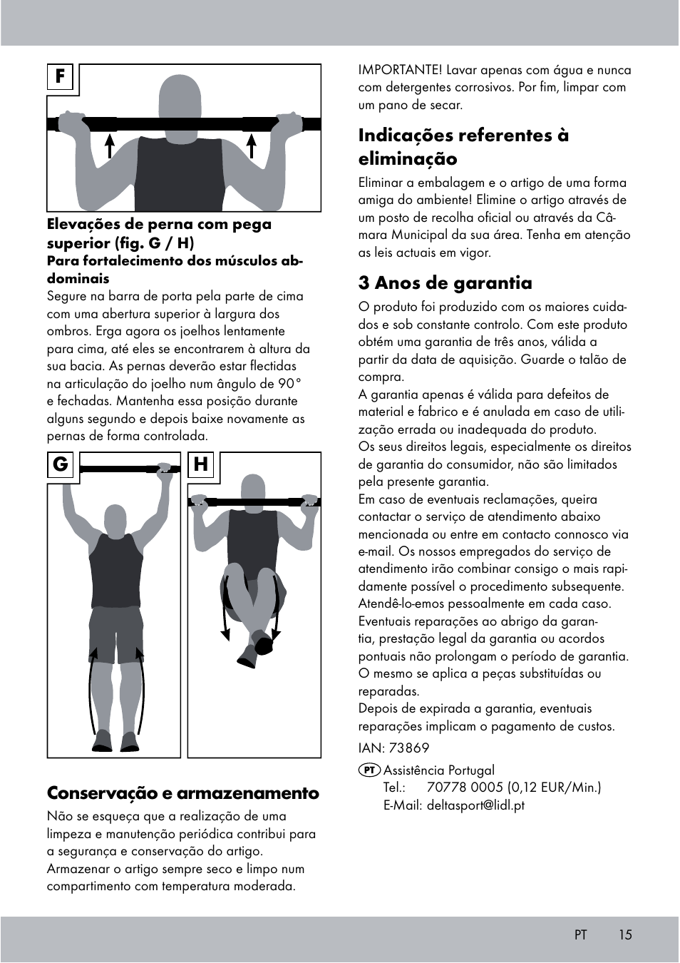 Gh f, Conservação e armazenamento, Indicações referentes à eliminação | 3 anos de garantia | Crivit Chin-Up Bar User Manual | Page 15 / 24