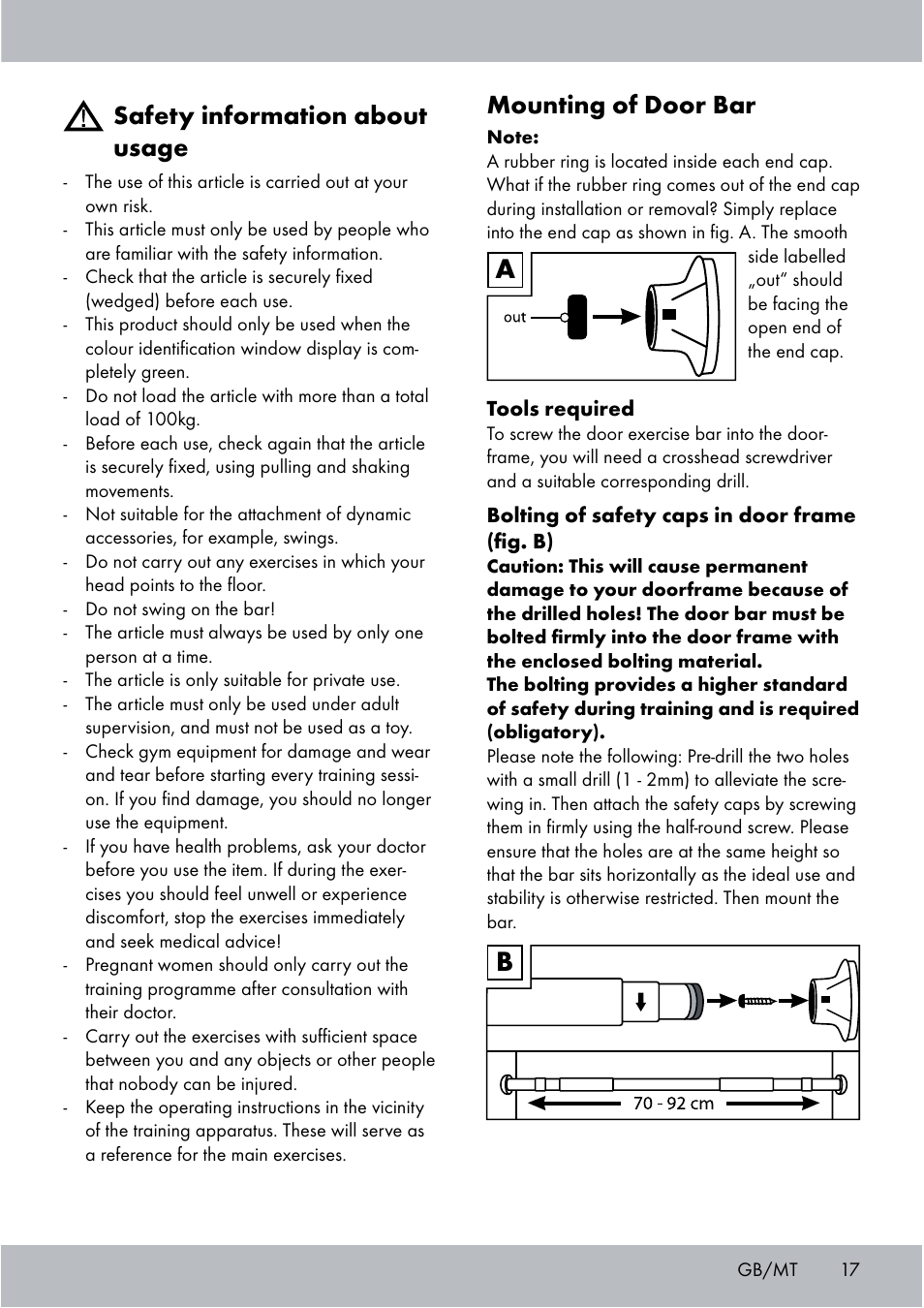 Mounting of door bar, Safety information about usage | Crivit Chin-Up Bar User Manual | Page 17 / 24