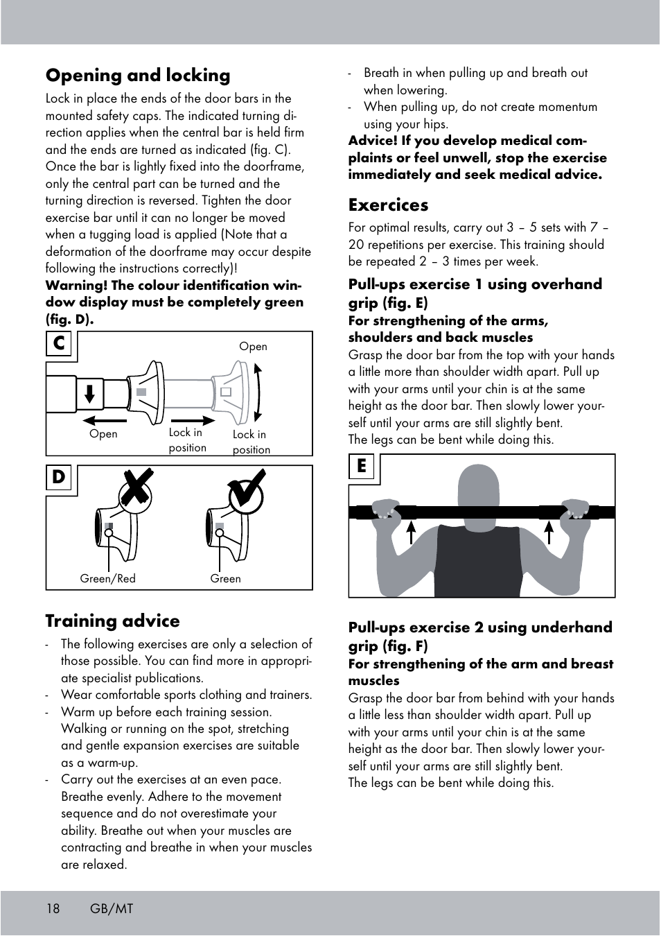 Opening and locking, Training advice, Exercices | Crivit Chin-Up Bar User Manual | Page 18 / 24