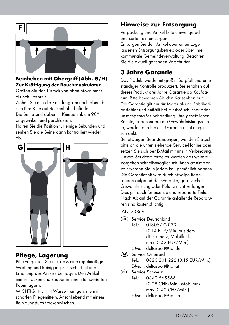 Gh f, Pﬂege, lagerung, Hinweise zur entsorgung | 3 jahre garantie | Crivit Chin-Up Bar User Manual | Page 23 / 24