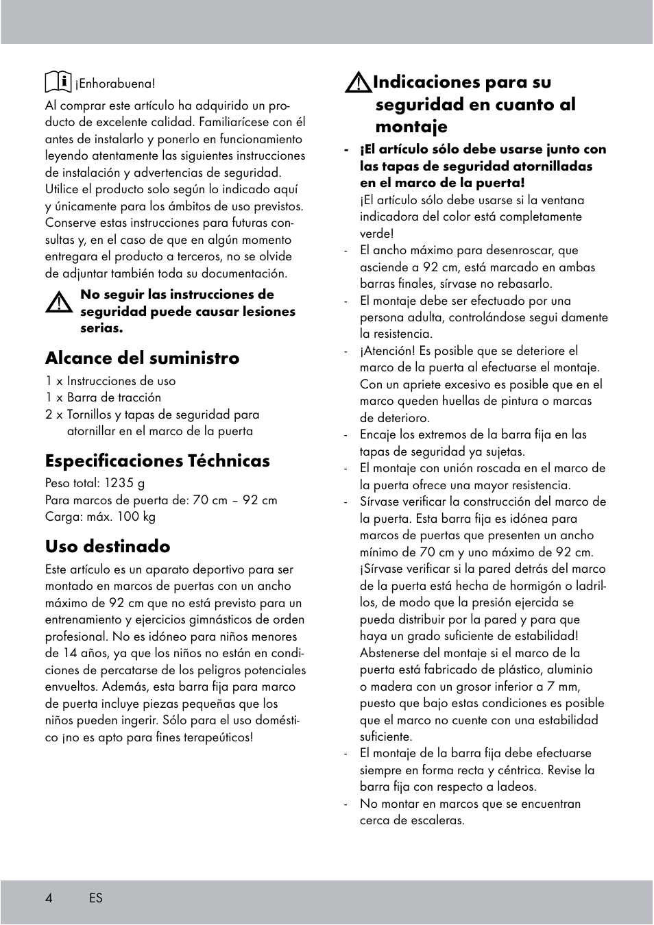 Alcance del suministro, Especiﬁcaciones téchnicas, Uso destinado | Crivit Chin-Up Bar User Manual | Page 4 / 24