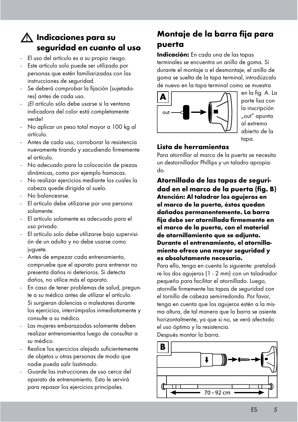 Indicaciones para su seguridad en cuanto al uso, Montaje de la barra ﬁja para puerta | Crivit Chin-Up Bar User Manual | Page 5 / 24