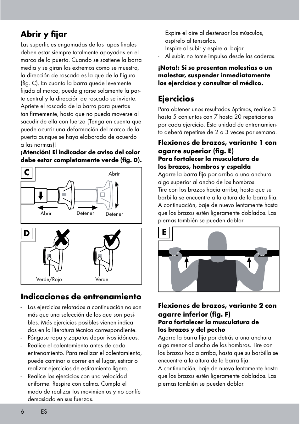 Ejercicios, Abrir y ﬁjar, Indicaciones de entrenamiento | Crivit Chin-Up Bar User Manual | Page 6 / 24