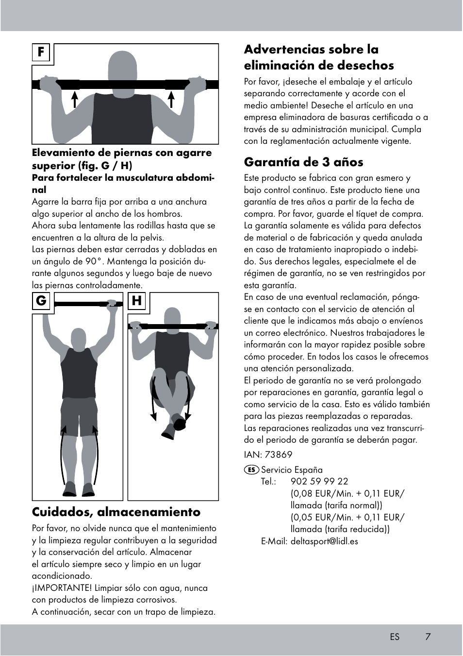 Gh f, Cuidados, almacenamiento, Advertencias sobre la eliminación de desechos | Garantía de 3 años | Crivit Chin-Up Bar User Manual | Page 7 / 24