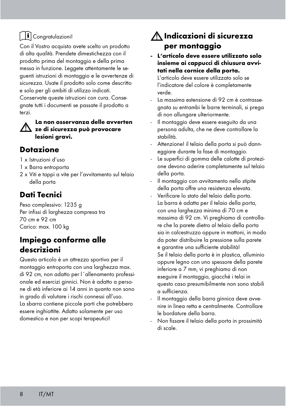 Dotazione, Dati tecnici, Impiego conforme alle descrizioni | Indicazioni di sicurezza per montaggio | Crivit Chin-Up Bar User Manual | Page 8 / 24