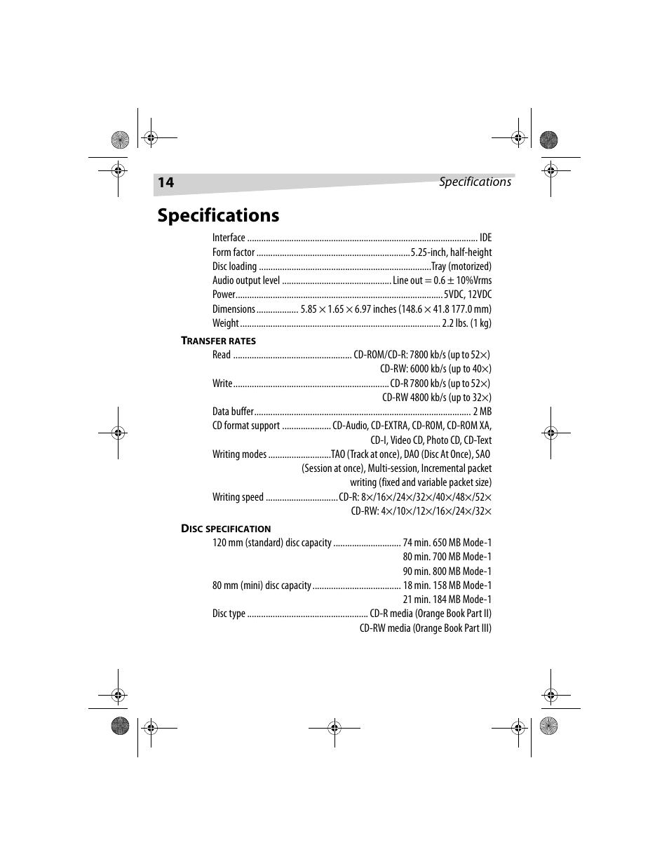 Specifications | Dynex DX-CDRW52 User Manual | Page 14 / 47