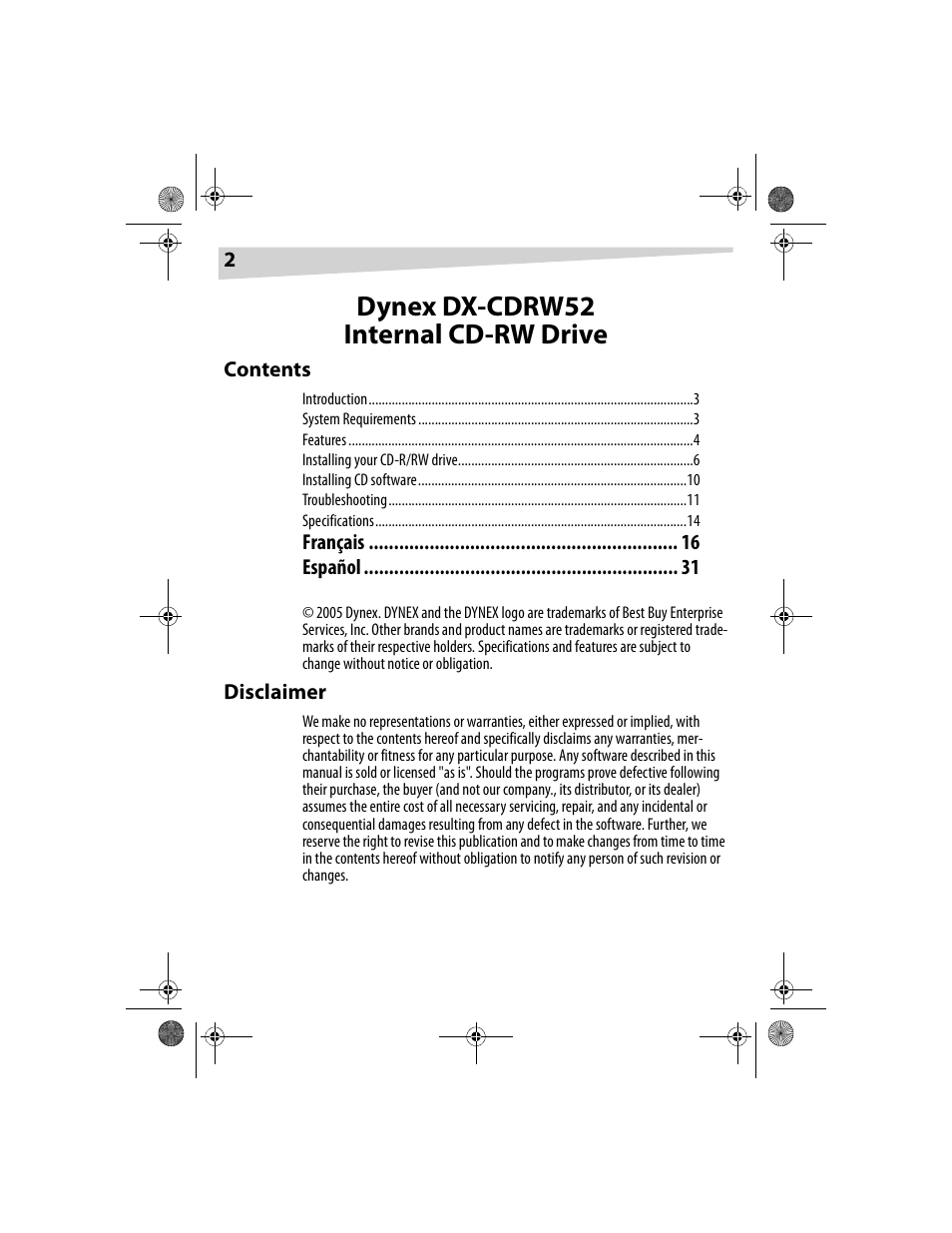 Dynex dx-cdrw52 internal cd-rw drive | Dynex DX-CDRW52 User Manual | Page 2 / 47