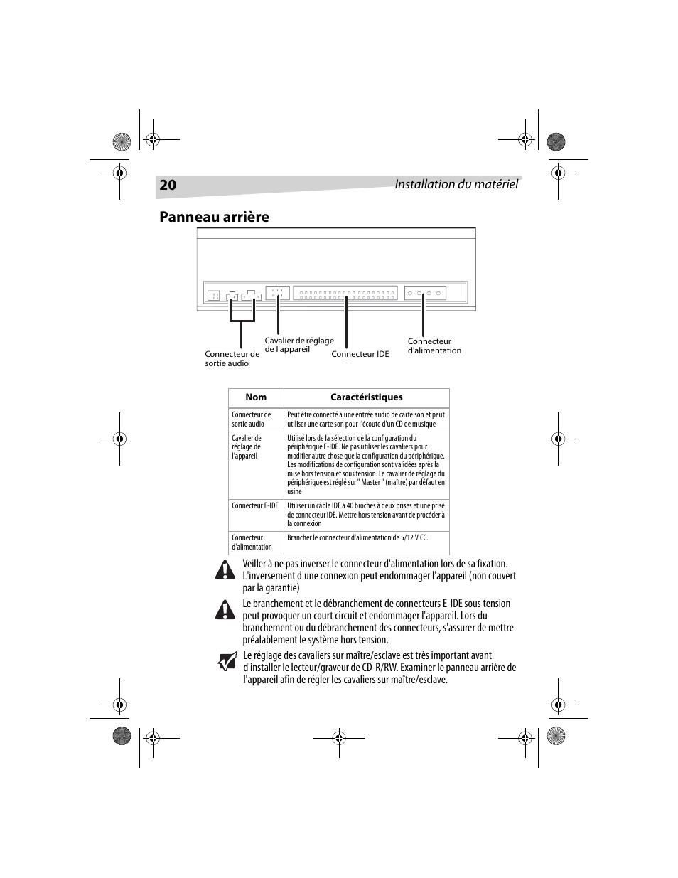 Panneau arrière, Installation du matériel | Dynex DX-CDRW52 User Manual | Page 20 / 47