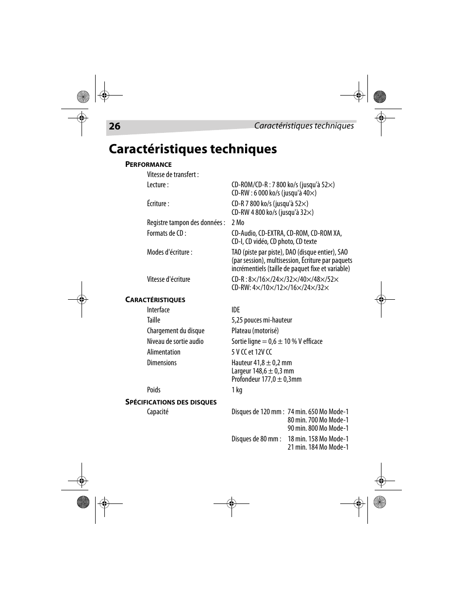 Caractéristiques techniques | Dynex DX-CDRW52 User Manual | Page 26 / 47